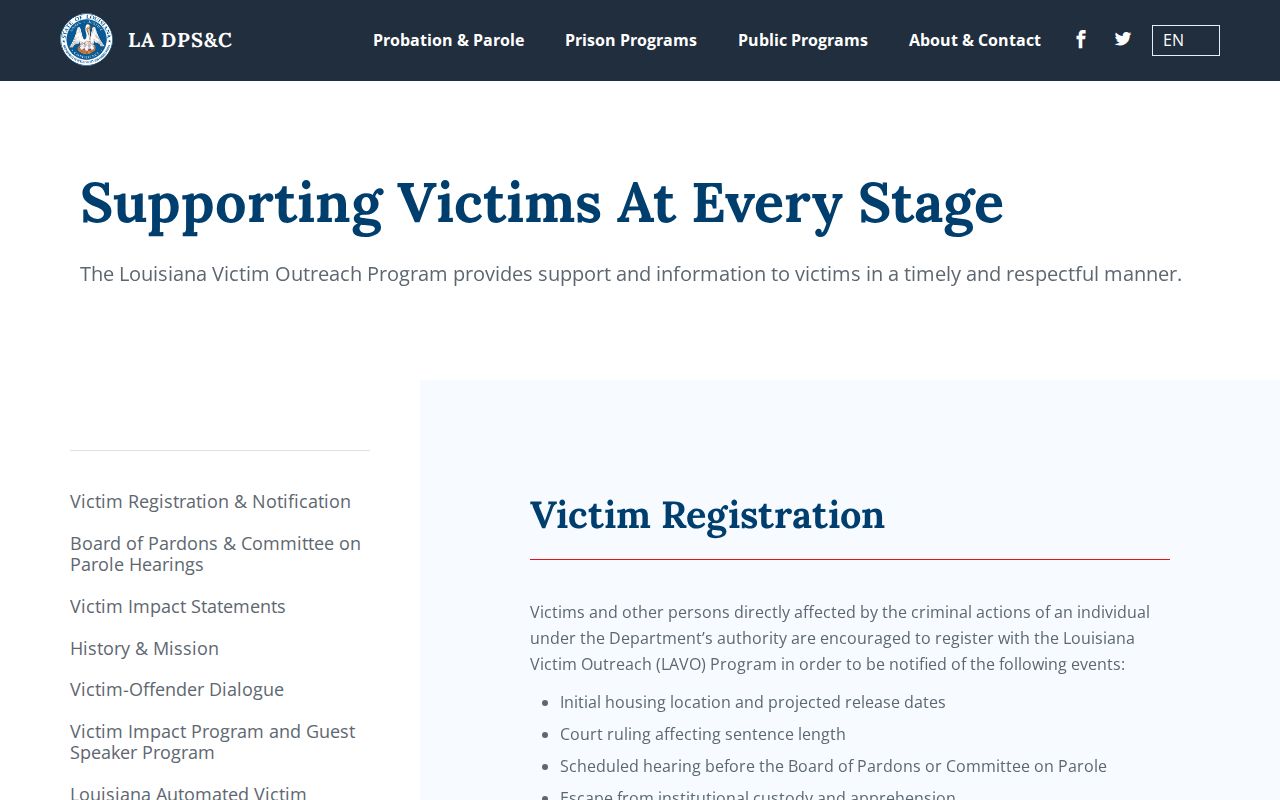 Louisiana DPS and Corrections Victim Services explanation of LAVNS and Victim Outreach