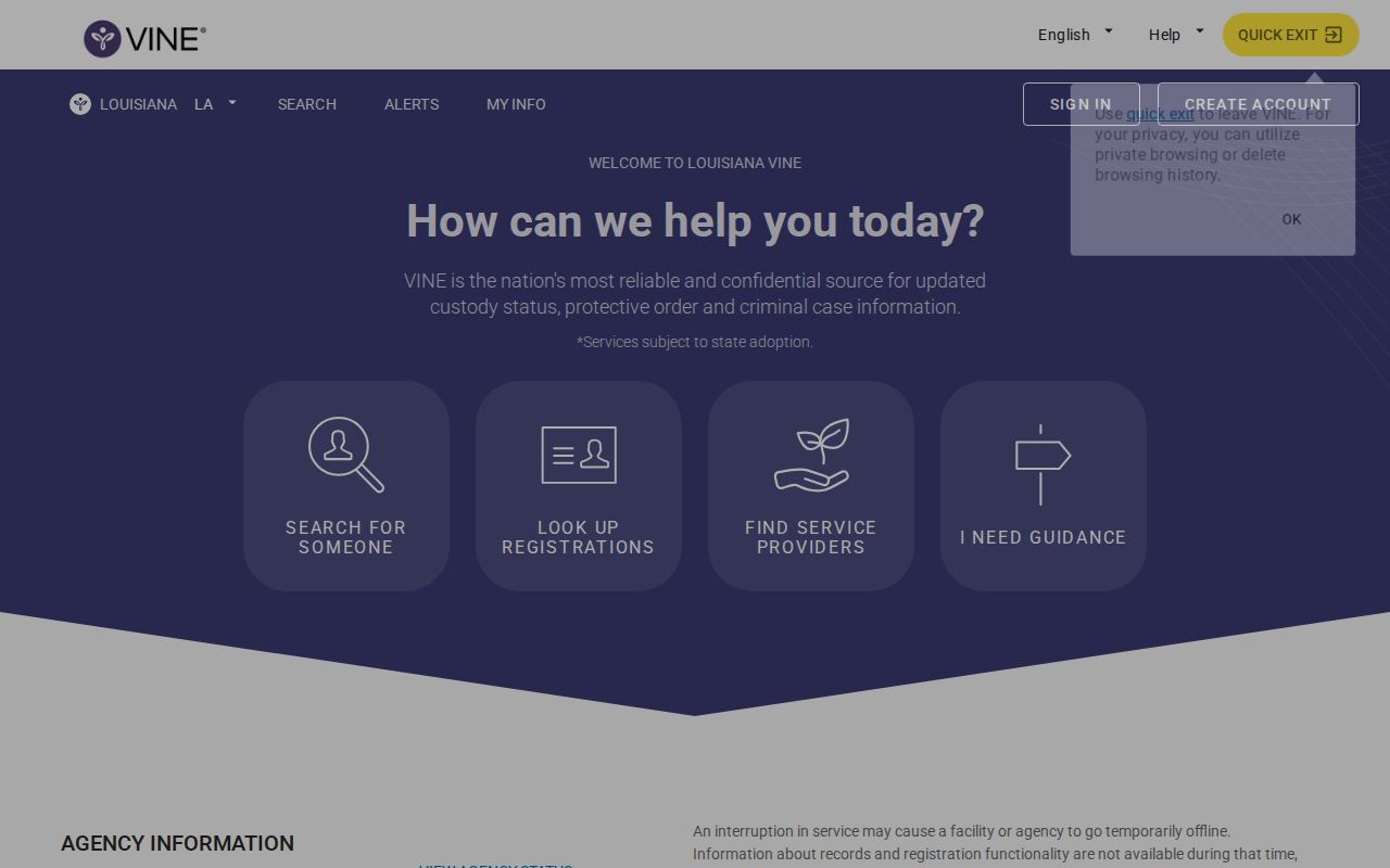 Louisiana VINELink entry screen for custody and release searches